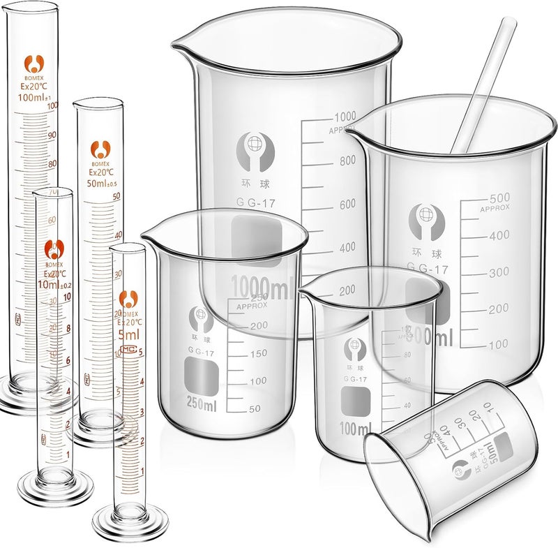 Feekoon 10 Pieces Glass Measuring Beaker Graduated Measuring Cylinder with Stirring Rod 50/100/ 250/500/ 1000 ml Thick Glass Beakers 5/10/ 50/100 ml Graduated Cylinders for Science Lab(5.9 Inch) - Image 1